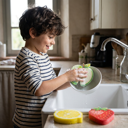 Spugne in Cellulosa Espandibili a Forma di Frutta – Set da 3 Spugne da Cucina Vegetali Antigraffio