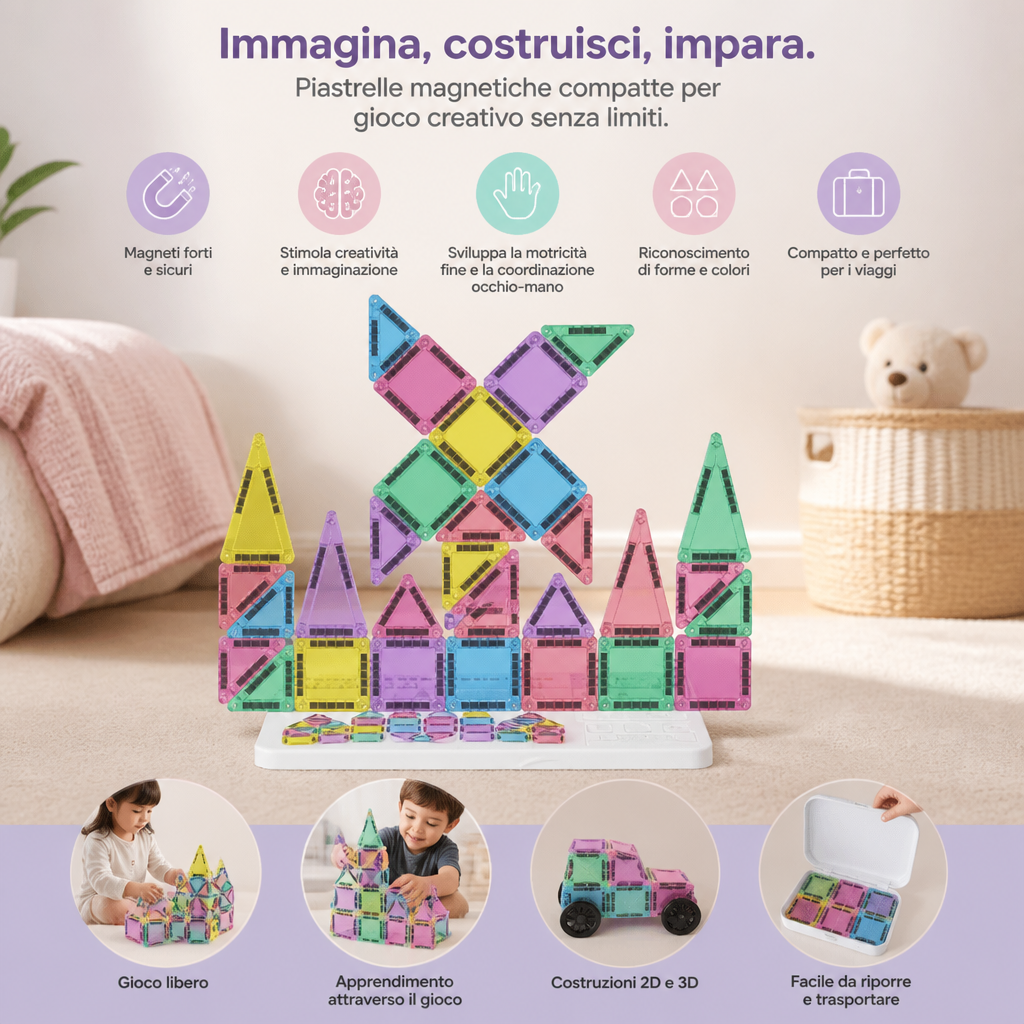 Piastrelle magnetiche compatte – Set Montessori da viaggio da 40 pezzi