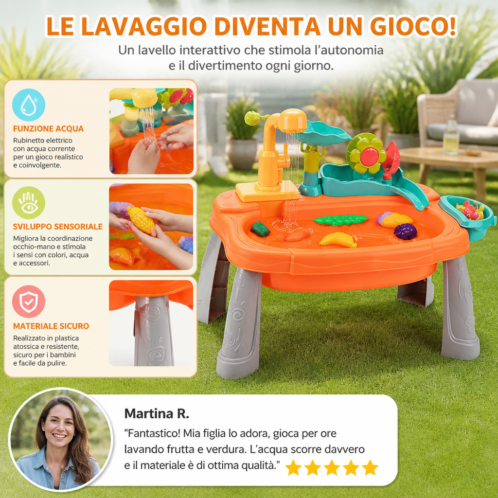 Cucina giocattolo per bambini rialzata ergonomicamente con funzione acqua elettrica