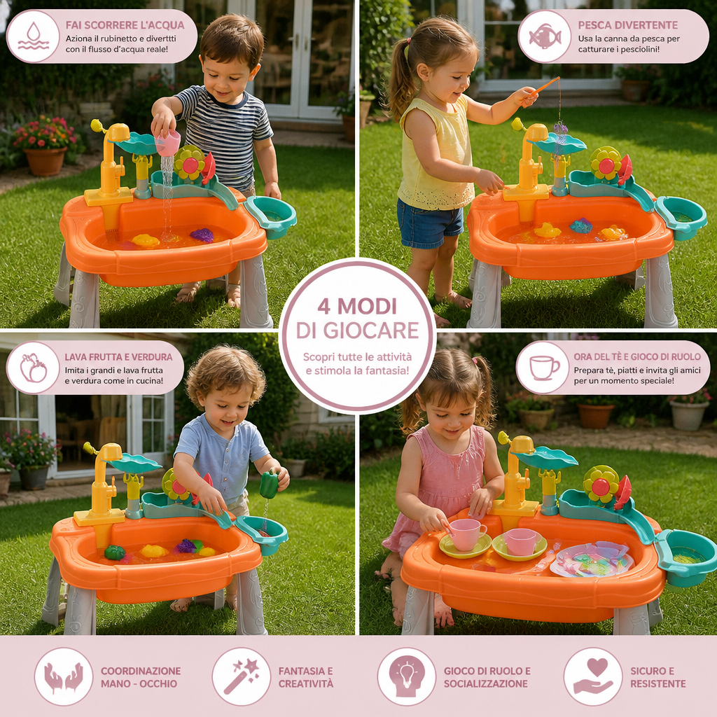Cucina giocattolo per bambini rialzata ergonomicamente con funzione acqua elettrica