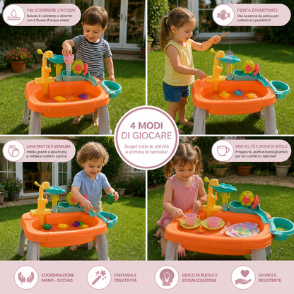 Cucina giocattolo per bambini rialzata ergonomicamente con funzione acqua elettrica