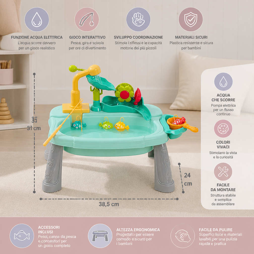 Cucina giocattolo per bambini rialzata ergonomicamente con funzione acqua elettrica