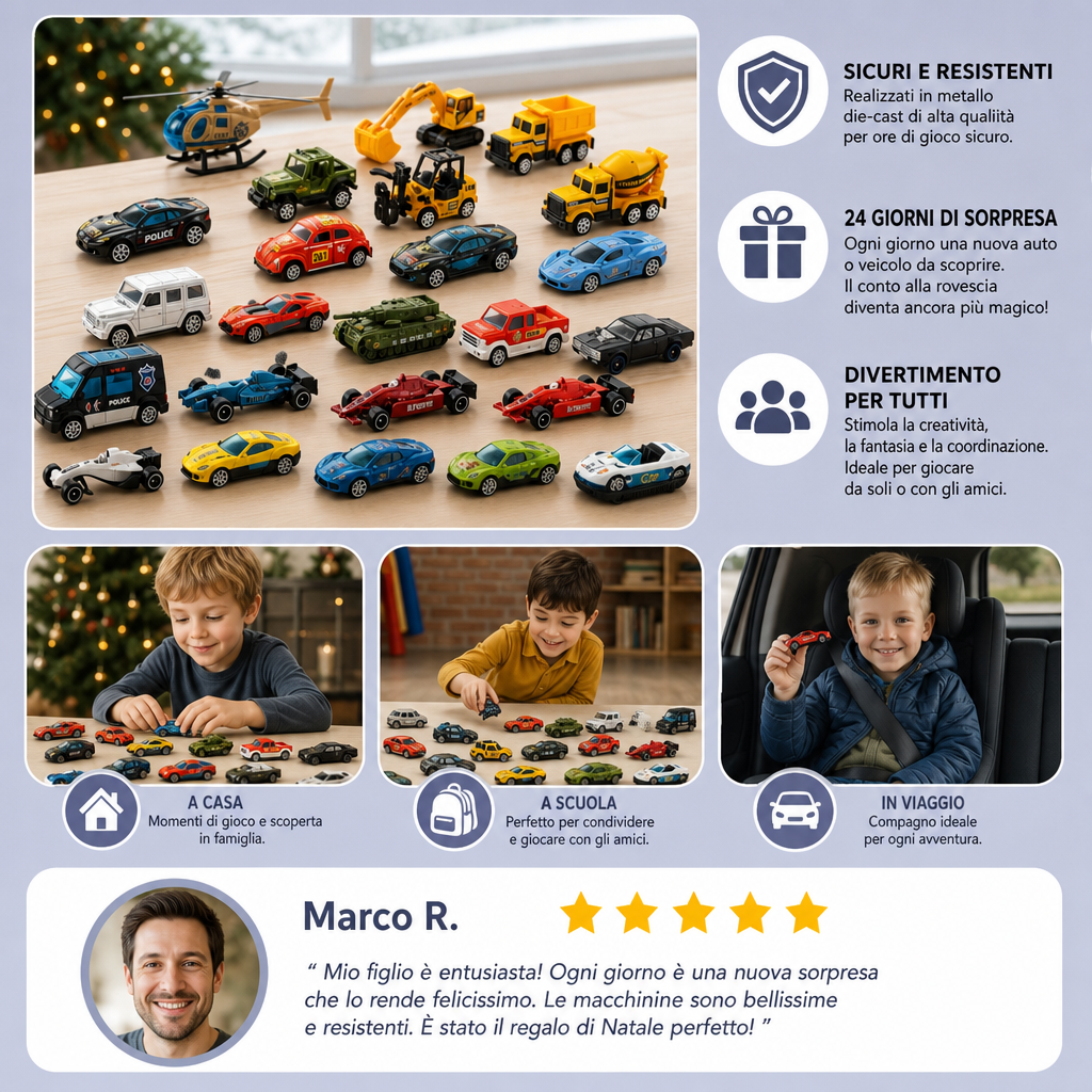 Calendario dell'Avvento di Natale con Auto Die-Cast per Bambini