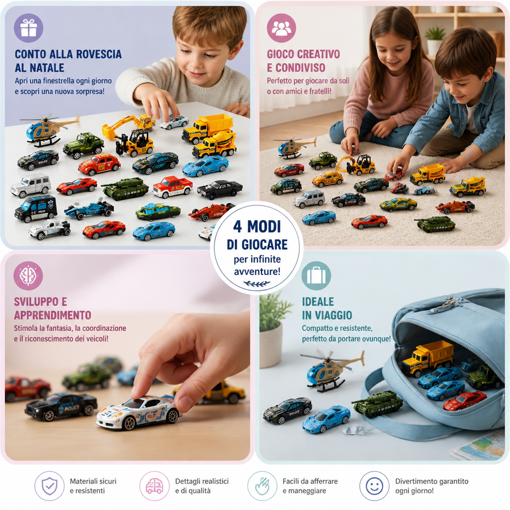Calendario dell'Avvento di Natale con Auto Die-Cast per Bambini