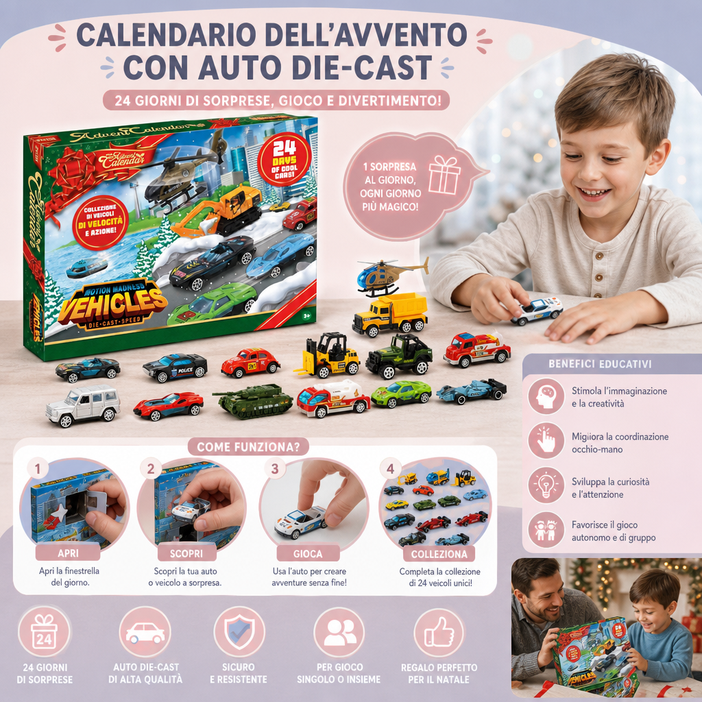 Calendario dell'Avvento di Natale con Auto Die-Cast per Bambini