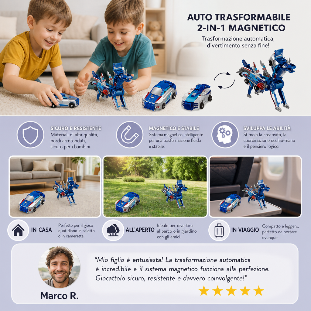 Auto Trasformabile 2-in-1 Magnetico e Giocattolo Dinosaurio con Azione Automatica Anticollisione