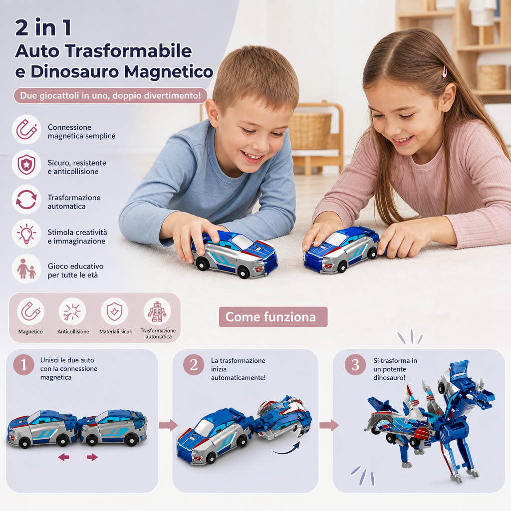 Auto Trasformabile 2-in-1 Magnetico e Giocattolo Dinosaurio con Azione Automatica Anticollisione