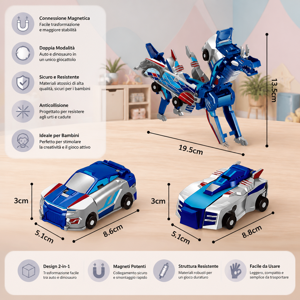 Auto Trasformabile 2-in-1 Magnetico e Giocattolo Dinosaurio con Azione Automatica Anticollisione