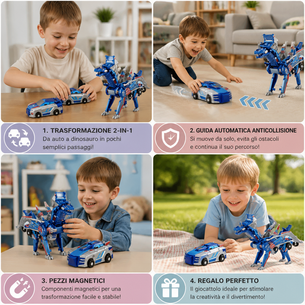 Auto Trasformabile 2-in-1 Magnetico e Giocattolo Dinosaurio con Azione Automatica Anticollisione
