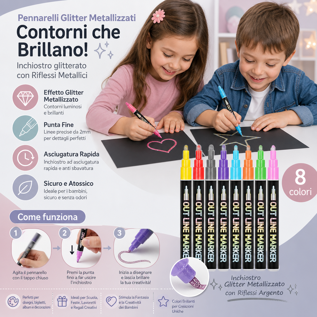 Set di Pennarelli Glitter Metallizzati e per Contorni Brillanti