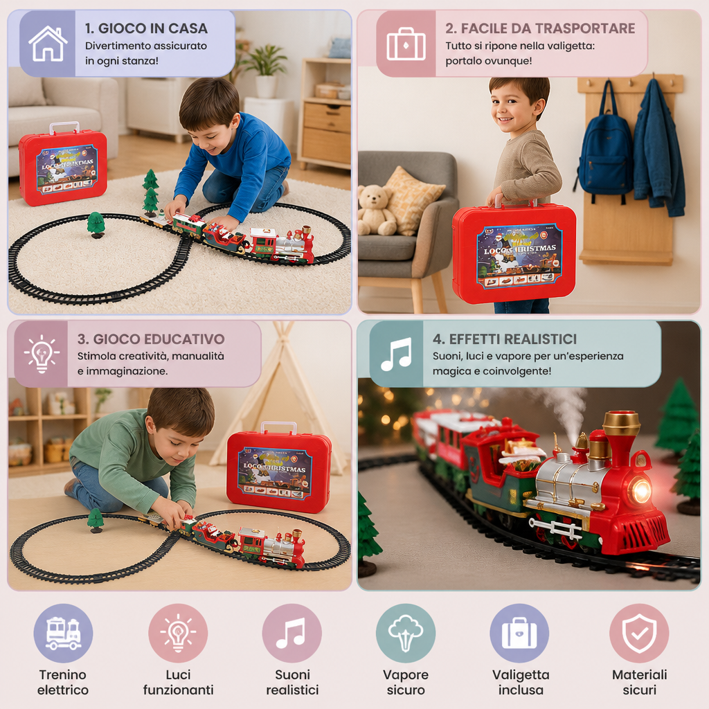 Set di Trenino Elettrico per Bambini con Effetti Luminosi, Sonori e di Vapore