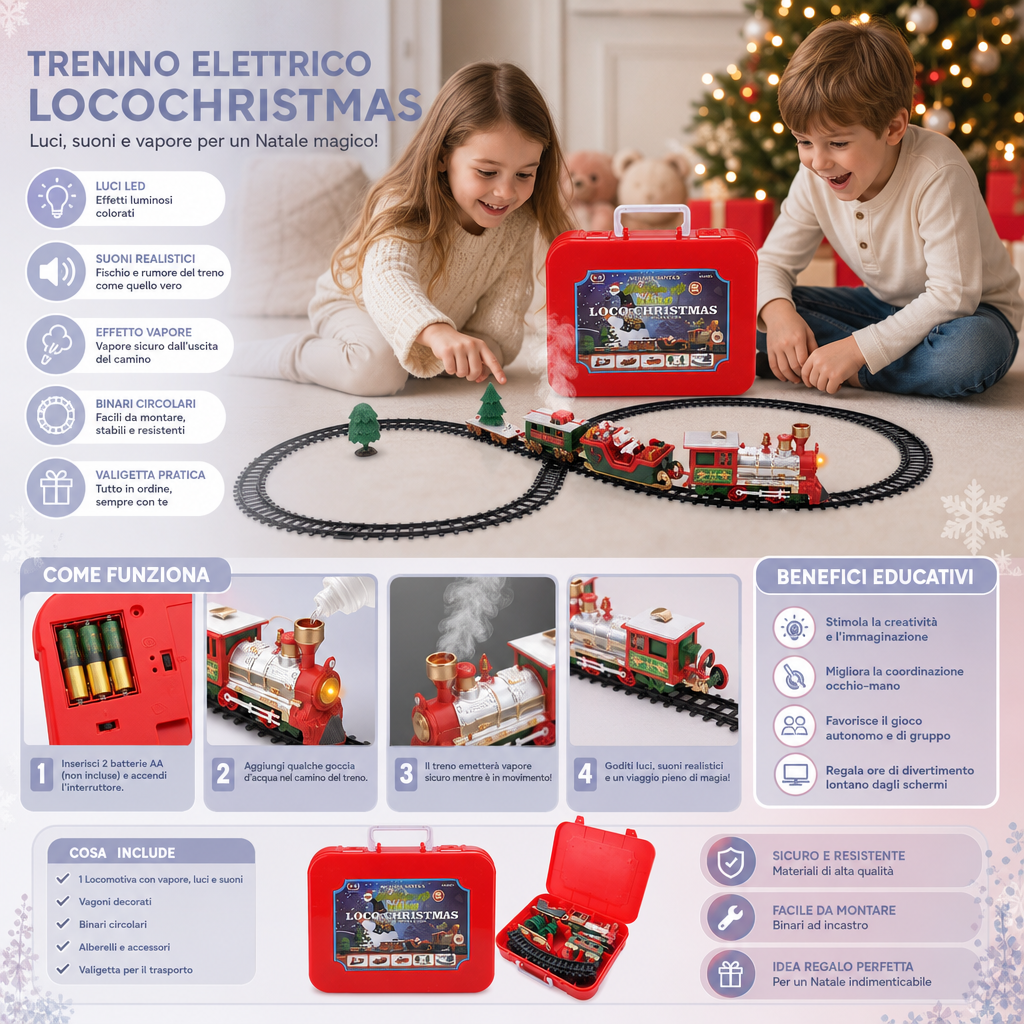 Set di Trenino Elettrico per Bambini con Effetti Luminosi, Sonori e di Vapore