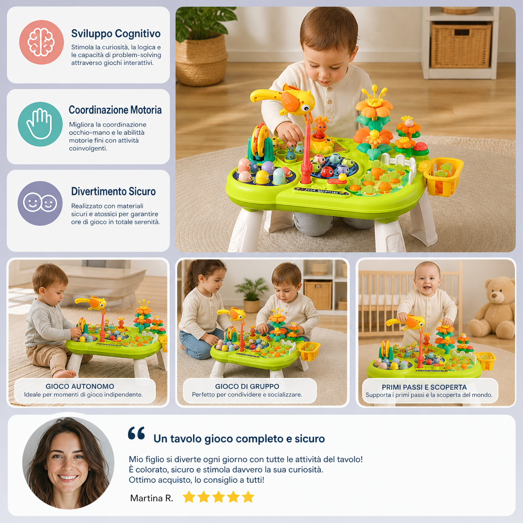 Tavolo da Gioco Multifunzionale per Bambini con Diverse Stazioni di Gioco