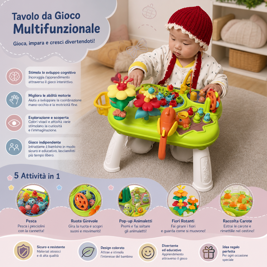 Tavolo da Gioco Multifunzionale per Bambini con Diverse Stazioni di Gioco