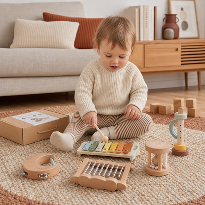 Set di 6 Strumenti Musicali in Legno per Neonati – Giocattolo Sensoriale Sonoro e Musicale