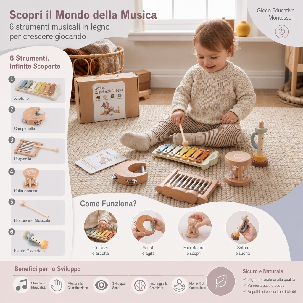 Set di 6 Strumenti Musicali in Legno per Neonati – Giocattolo Sensoriale Sonoro e Musicale