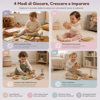 Set di 6 Strumenti Musicali in Legno per Neonati – Giocattolo Sensoriale Sonoro e Musicale