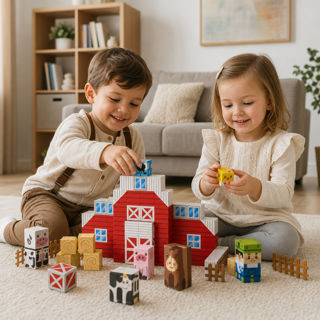 Set da Viaggio con Costruzioni Magnetiche della Fattoria con Animali e Fienile