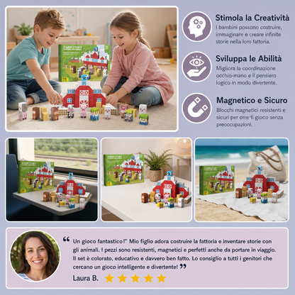 Set da Viaggio con Costruzioni Magnetiche della Fattoria con Animali e Fienile