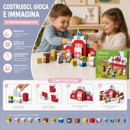 Set da Viaggio con Costruzioni Magnetiche della Fattoria con Animali e Fienile