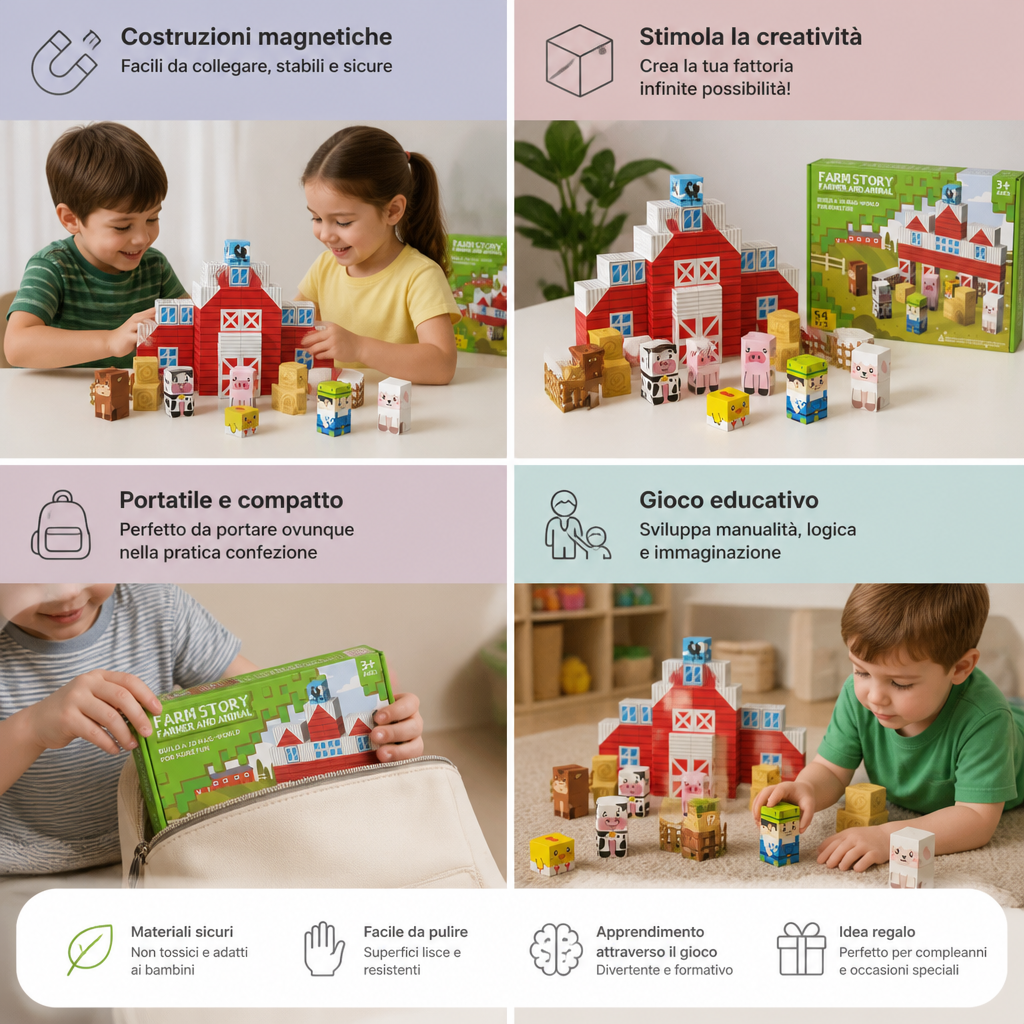 Set da Viaggio con Costruzioni Magnetiche della Fattoria con Animali e Fienile