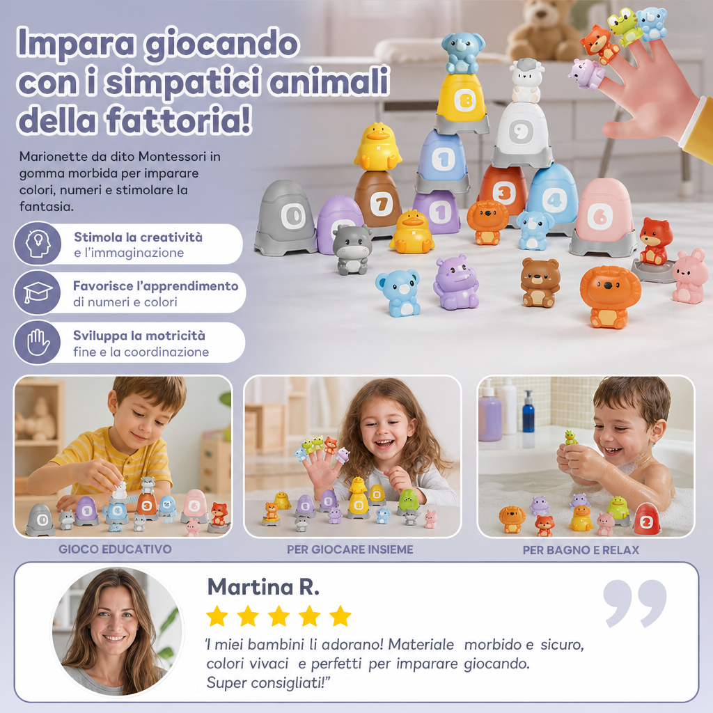 Set di Marionette da Dito Montessori in Gomma Morbida con Animali della Fattoria per Imparare i Colori e i Numeri