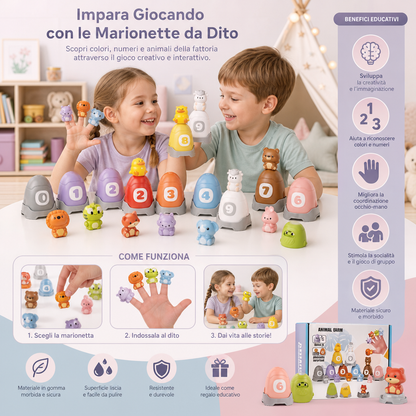 Set di Marionette da Dito Montessori in Gomma Morbida con Animali della Fattoria per Imparare i Colori e i Numeri