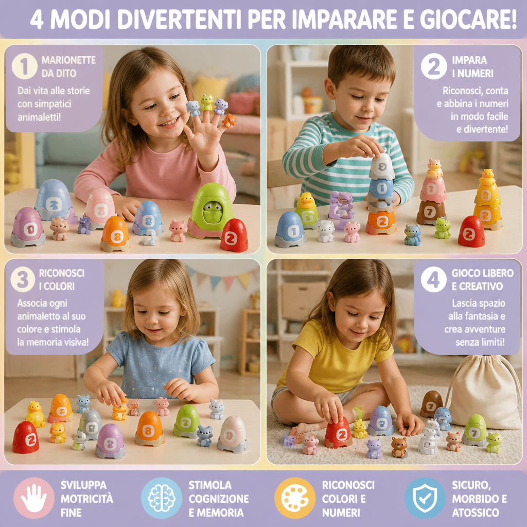 Set di Marionette da Dito Montessori in Gomma Morbida con Animali della Fattoria per Imparare i Colori e i Numeri