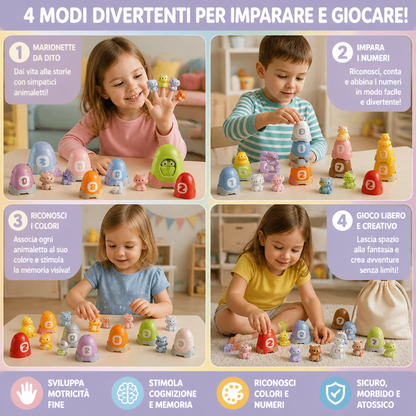 Set di Marionette da Dito Montessori in Gomma Morbida con Animali della Fattoria per Imparare i Colori e i Numeri