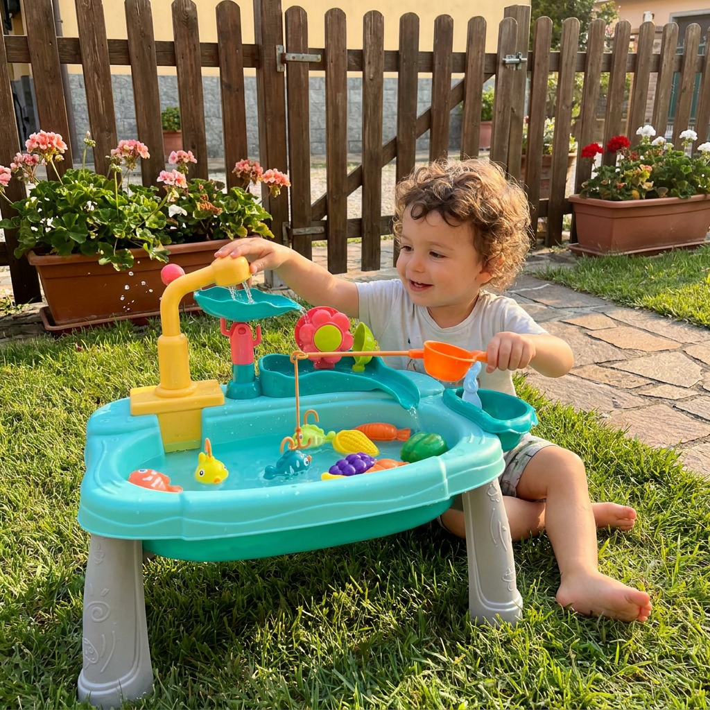 Cucina giocattolo per bambini rialzata ergonomicamente con funzione acqua elettrica