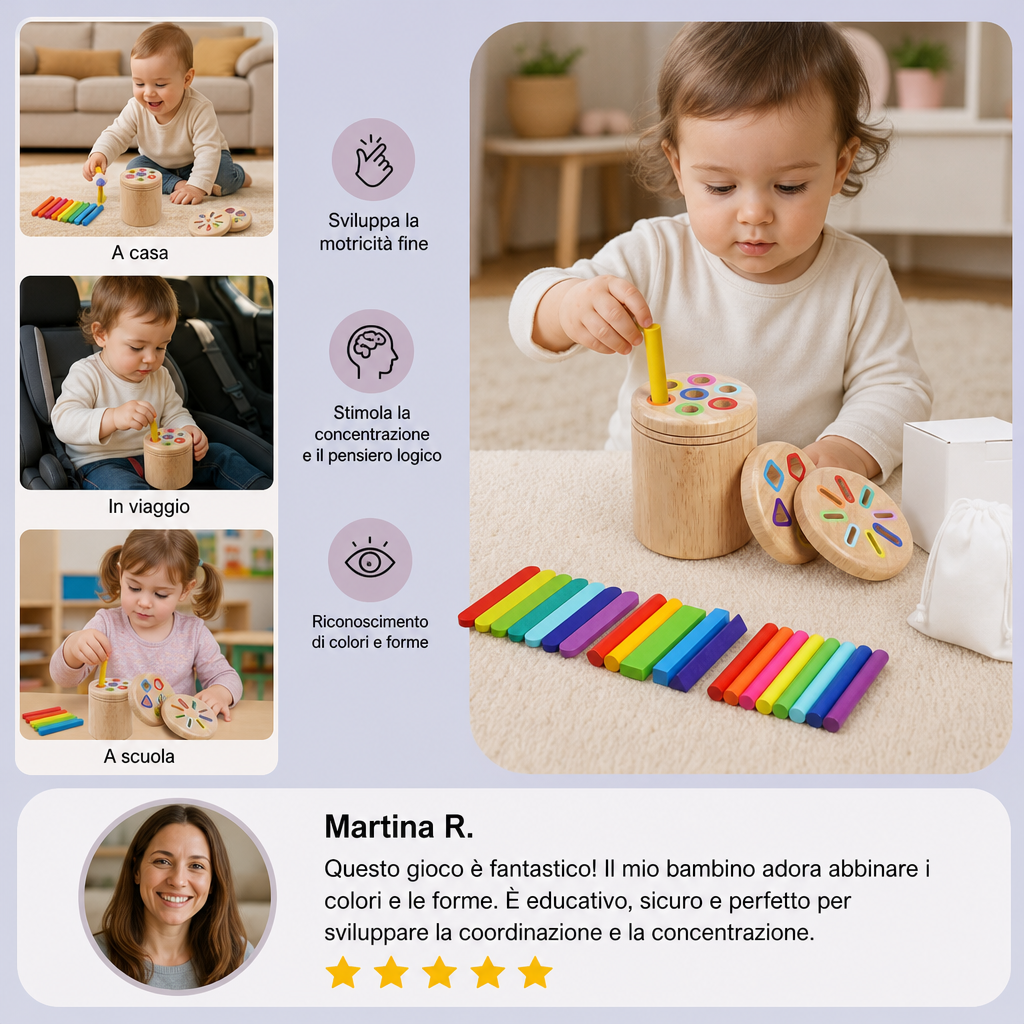 Gioco Montessori in Legno per Abbinare Colori e Forme – Puzzle Educativo per la Motricità Fine