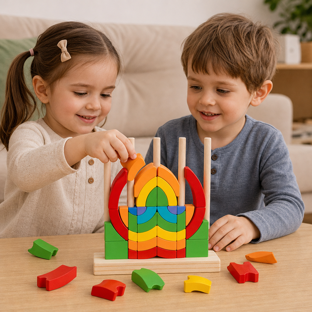 Puzzle Montessori in Legno Arcobaleno da Impilare e Abbinare