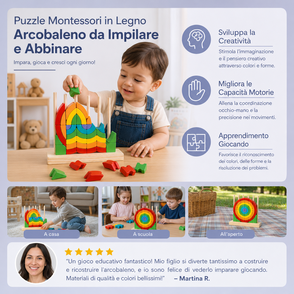 Puzzle Montessori in Legno Arcobaleno da Impilare e Abbinare