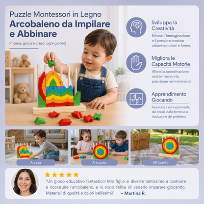 Puzzle Montessori in Legno Arcobaleno da Impilare e Abbinare