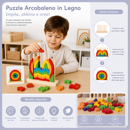 Puzzle Montessori in Legno Arcobaleno da Impilare e Abbinare