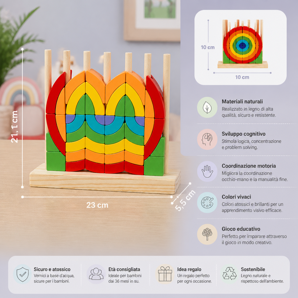 Puzzle Montessori in Legno Arcobaleno da Impilare e Abbinare
