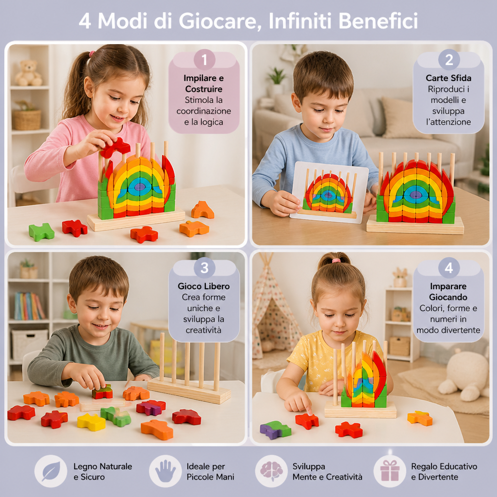 Puzzle Montessori in Legno Arcobaleno da Impilare e Abbinare