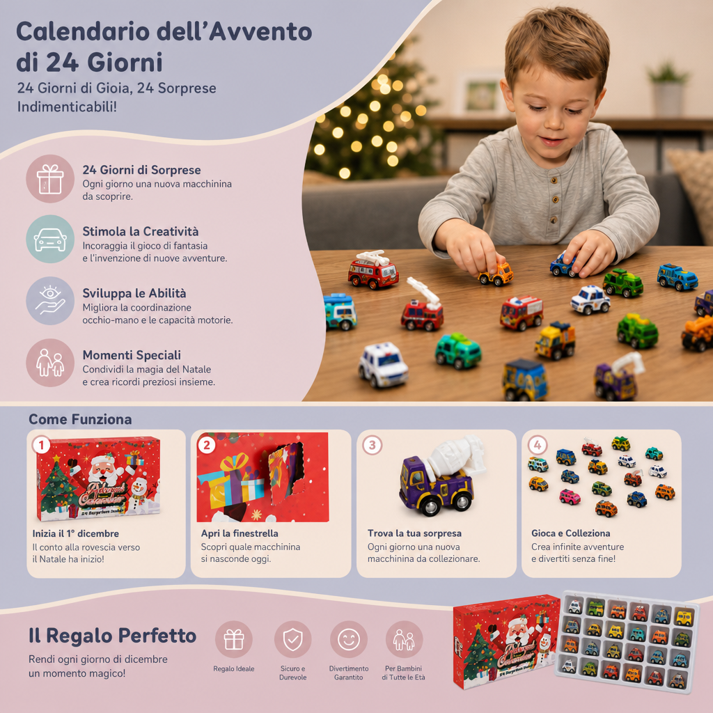 Calendario dell’Avvento di 24 giorni con macchinine dei cartoni animati