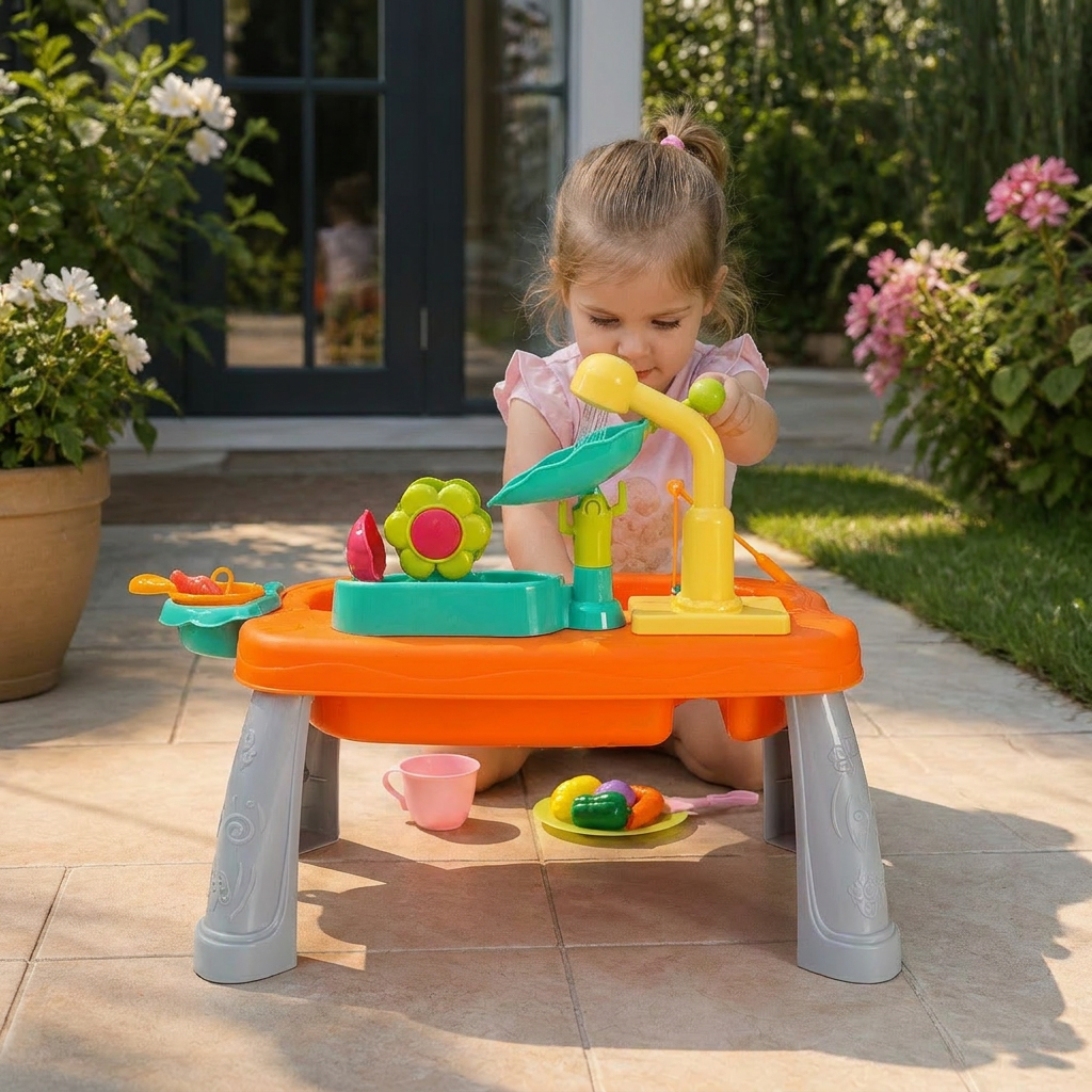 Cucina giocattolo per bambini rialzata ergonomicamente con funzione acqua elettrica
