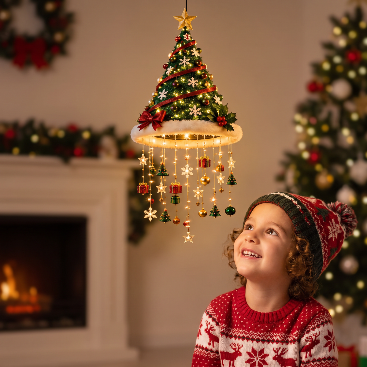 Luci Natalizie a Forma di Cappello di Babbo Natale con Filo di Luci LED