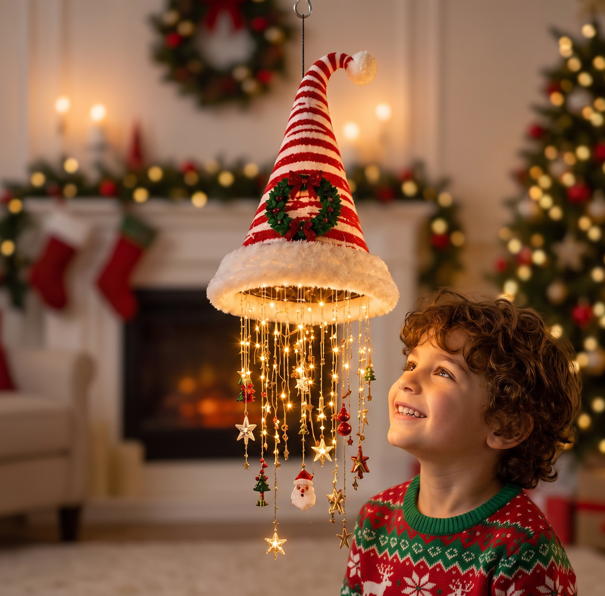 Luci Natalizie a Forma di Cappello di Babbo Natale con Filo di Luci LED