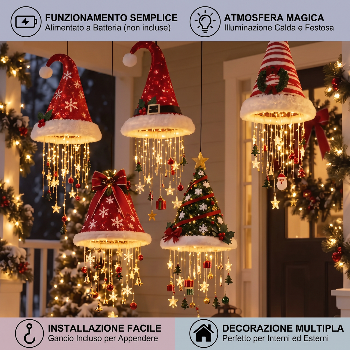 Luci Natalizie a Forma di Cappello di Babbo Natale con Filo di Luci LED