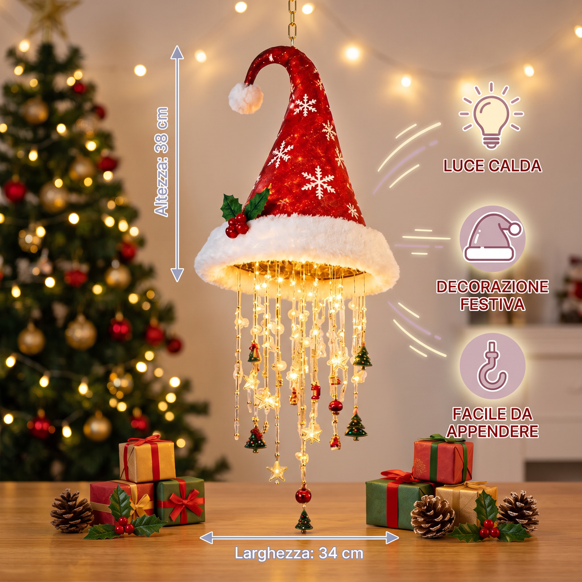 Luci Natalizie a Forma di Cappello di Babbo Natale con Filo di Luci LED