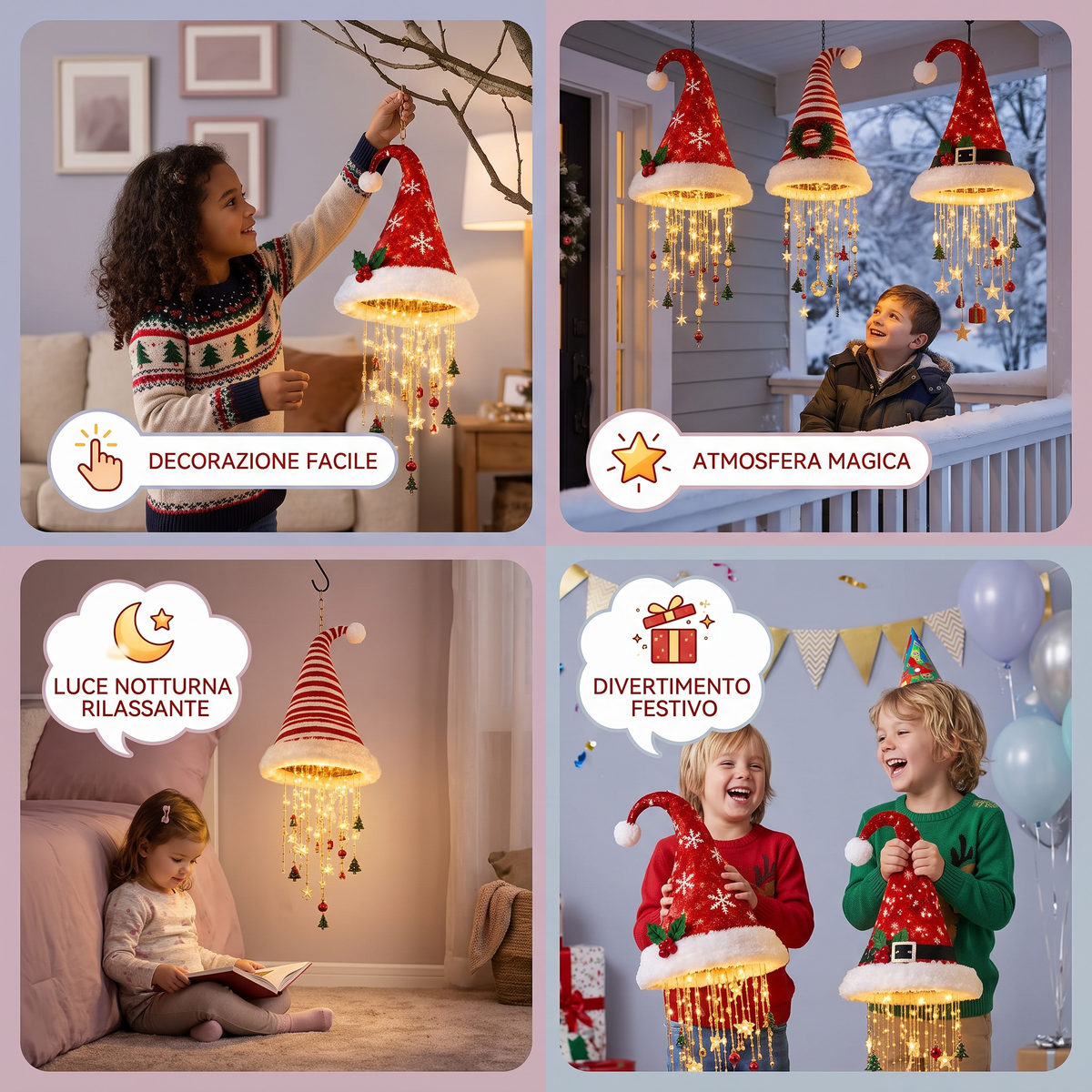 Luci Natalizie a Forma di Cappello di Babbo Natale con Filo di Luci LED