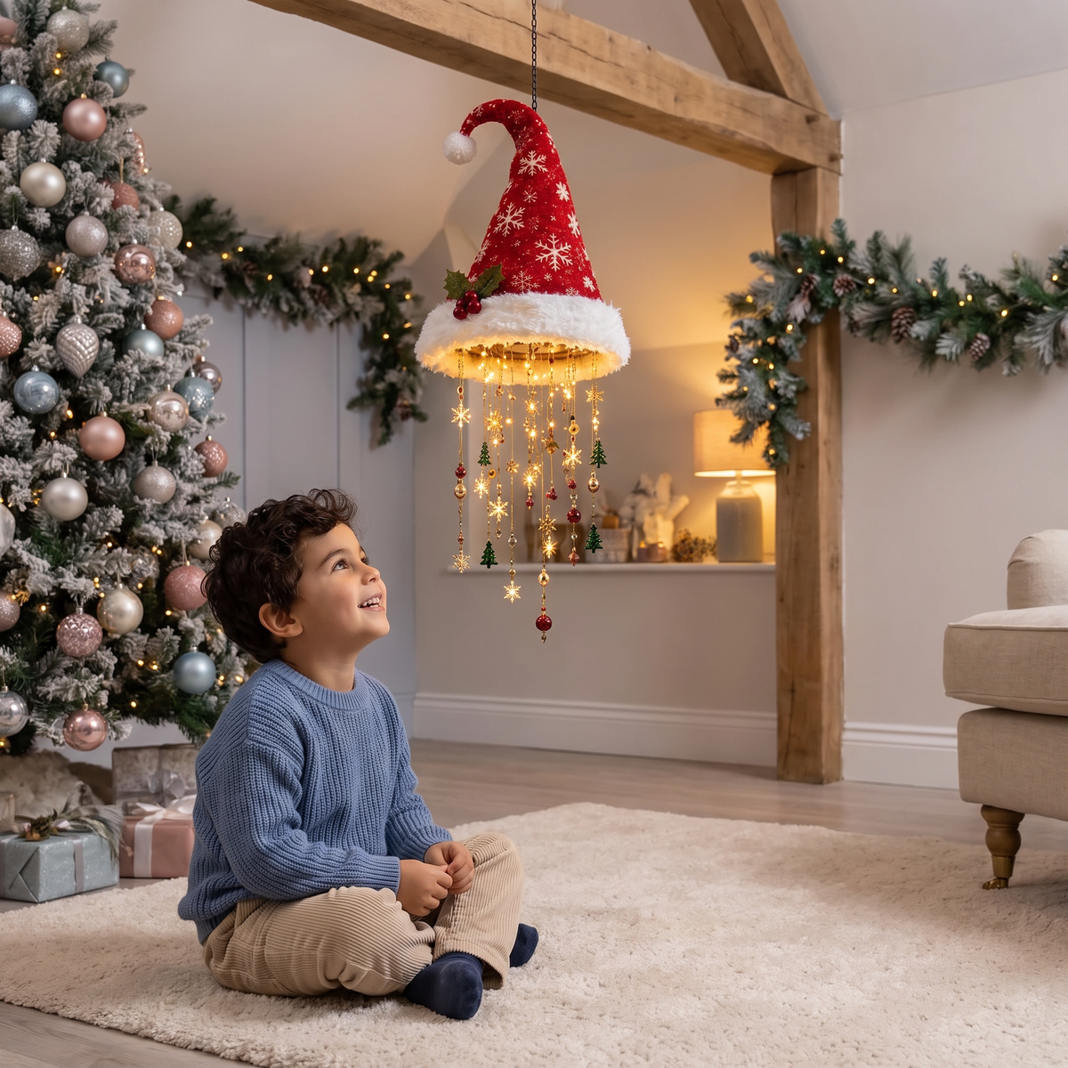 Luci Natalizie a Forma di Cappello di Babbo Natale con Filo di Luci LED