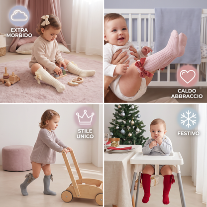 Calzini Natalizi al Ginocchio per Bambine con Fiocchi di Velluto