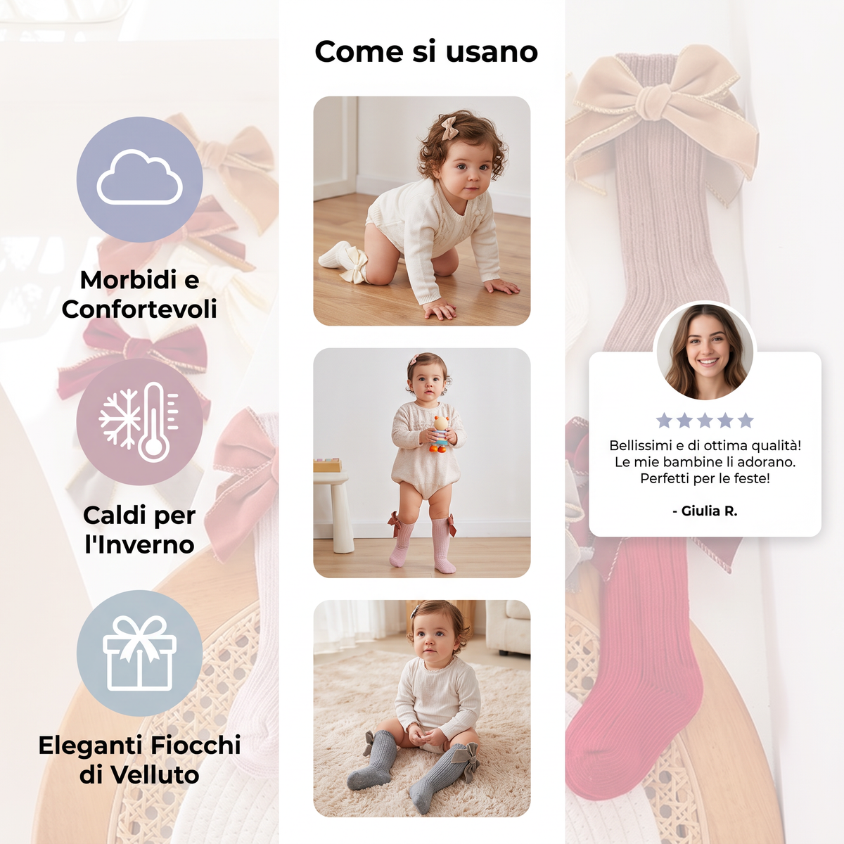 Calzini Natalizi al Ginocchio per Bambine con Fiocchi di Velluto