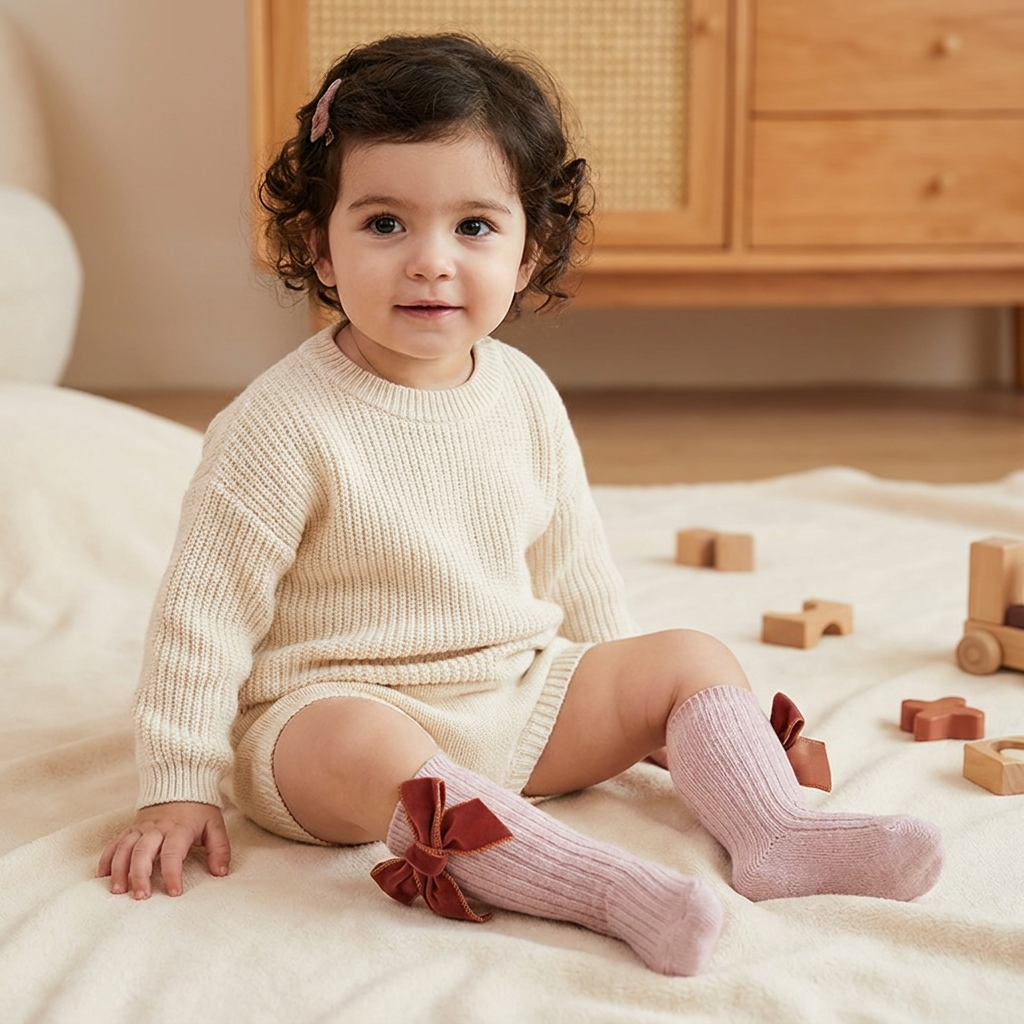 Calzini Natalizi al Ginocchio per Bambine con Fiocchi di Velluto