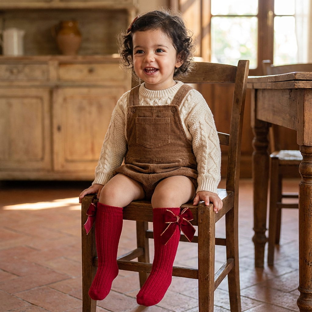 Calzini Natalizi al Ginocchio per Bambine con Fiocchi di Velluto