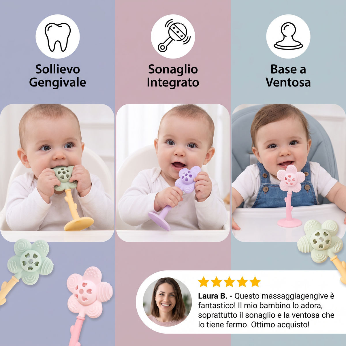 Massaggiagengive e Sonaglio per Neonati 2 in 1 a Forma di Girasole con Base a Ventosa